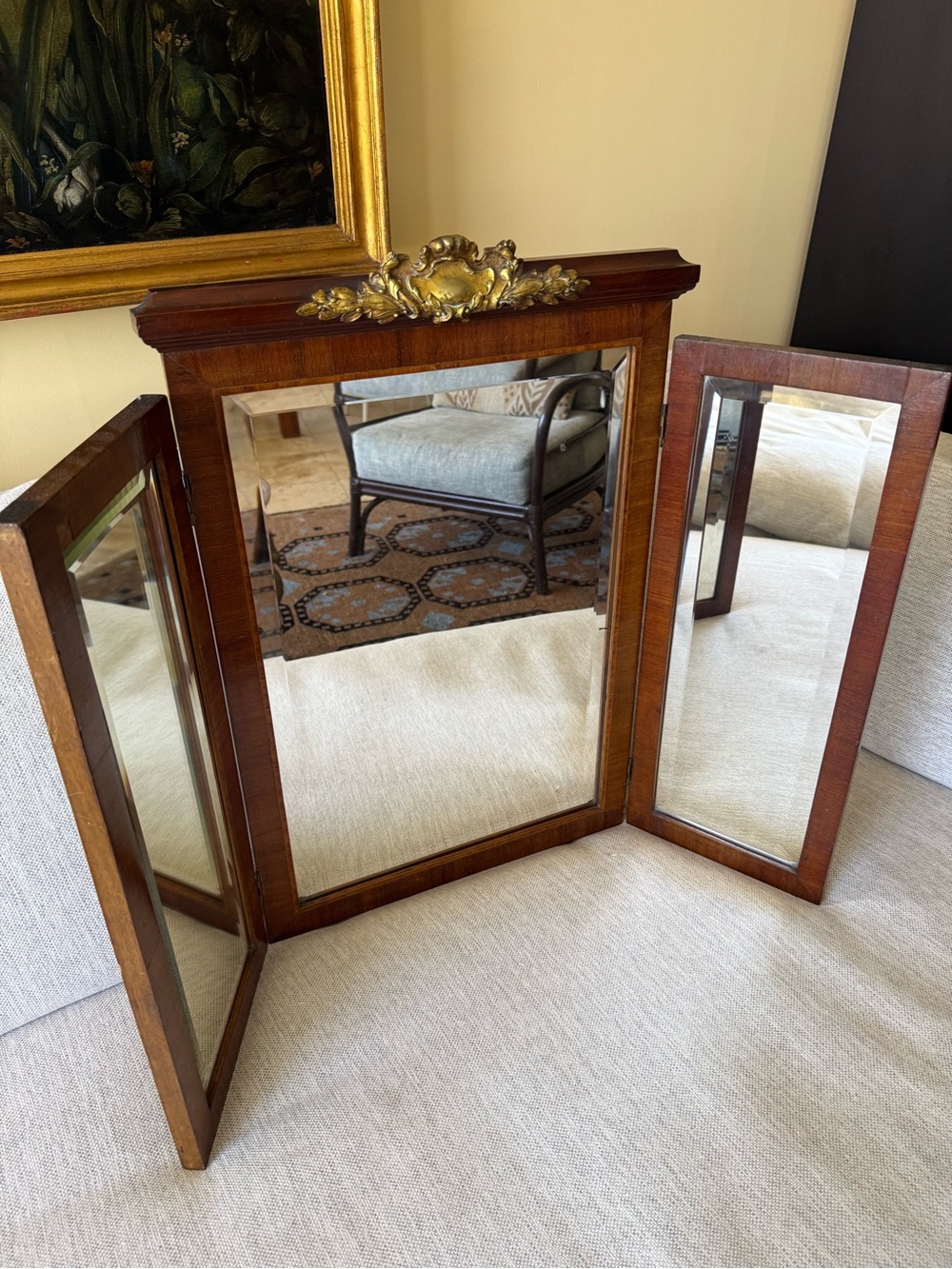 Antique / Vintage Beveled Wood 3-Way Mirror French Boho Shabby